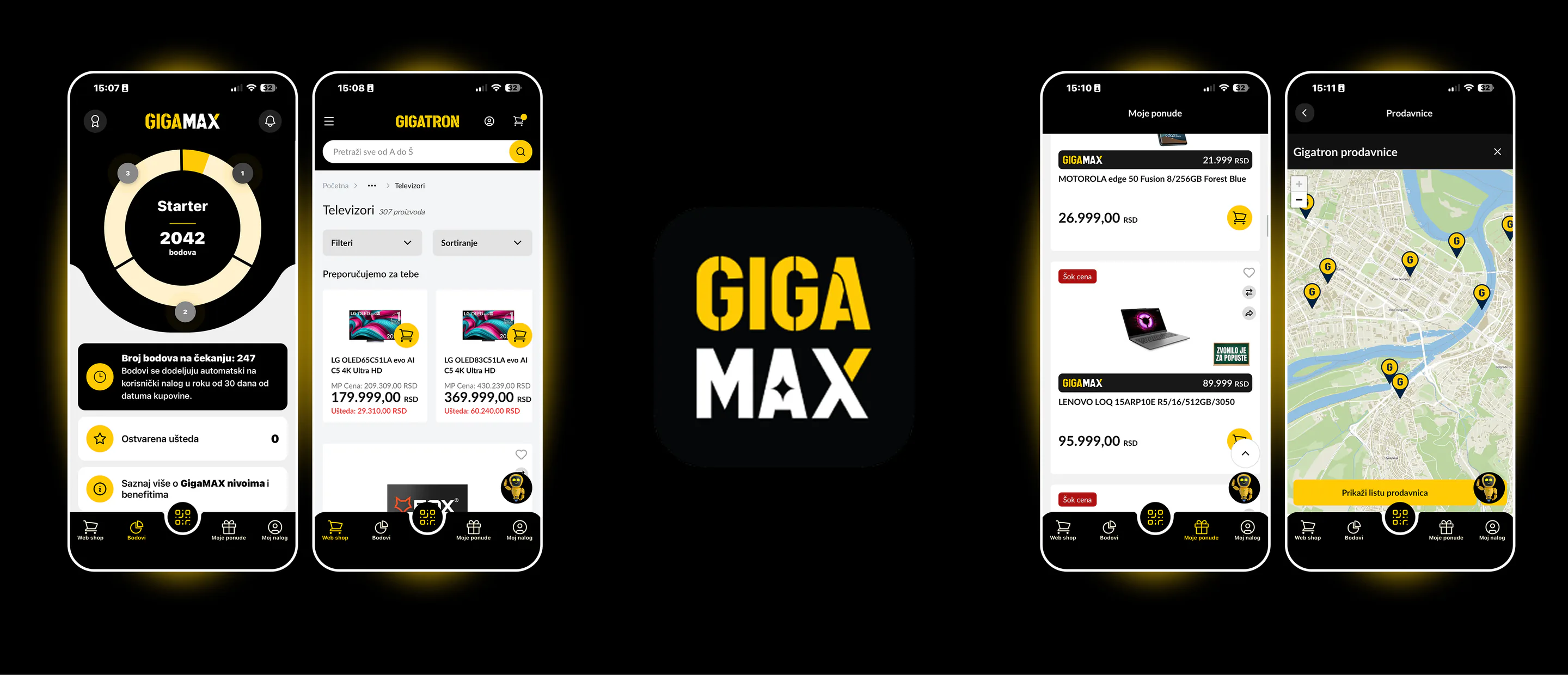 Gigatronova GigaMAX aplikacija na četiri ekrana telefona