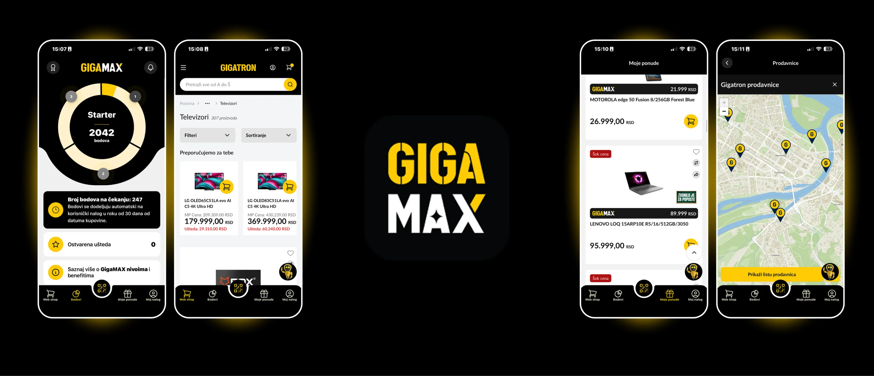 Gigatron’s GigaMAX app on four phone screens