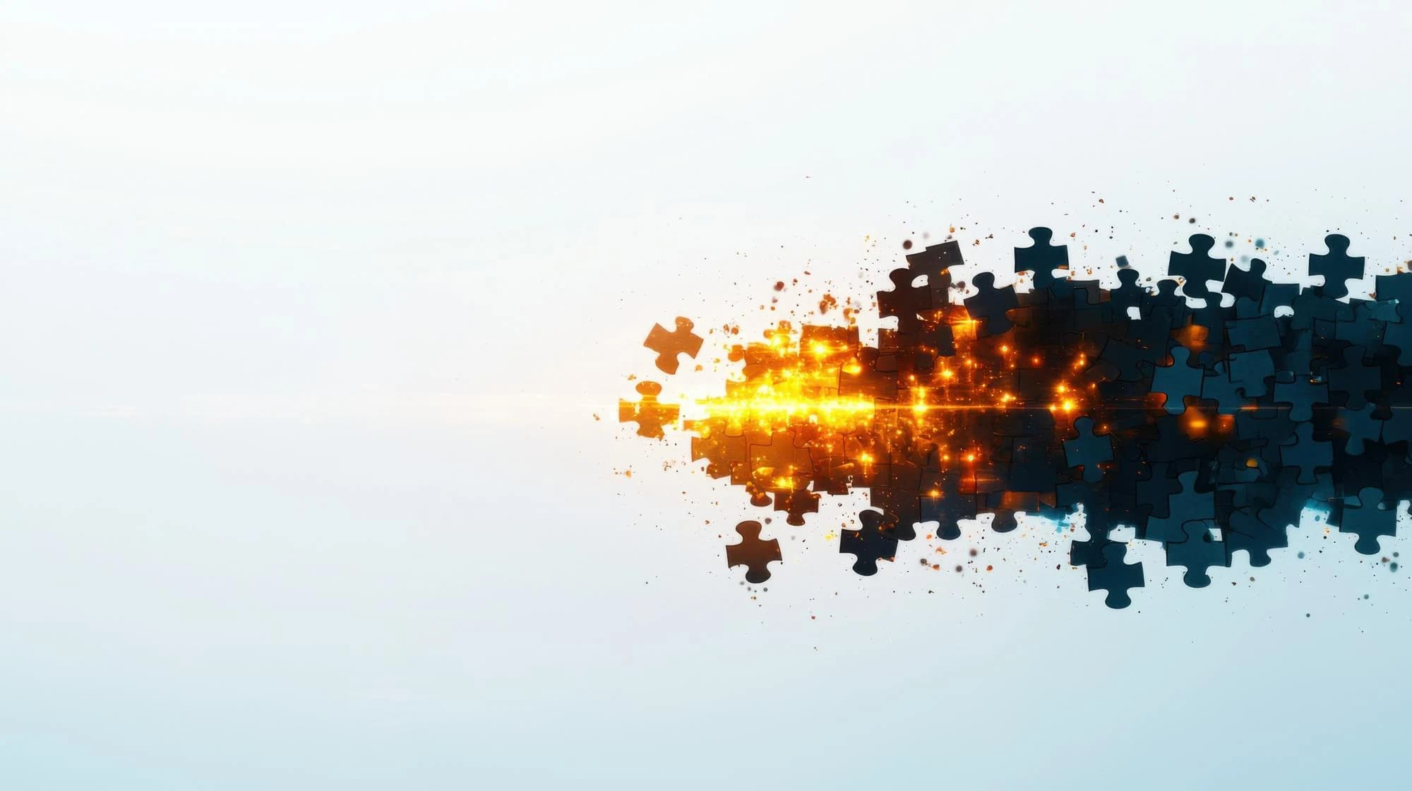 Puzzle pieces coming together into a whole, an orange glow along the seam